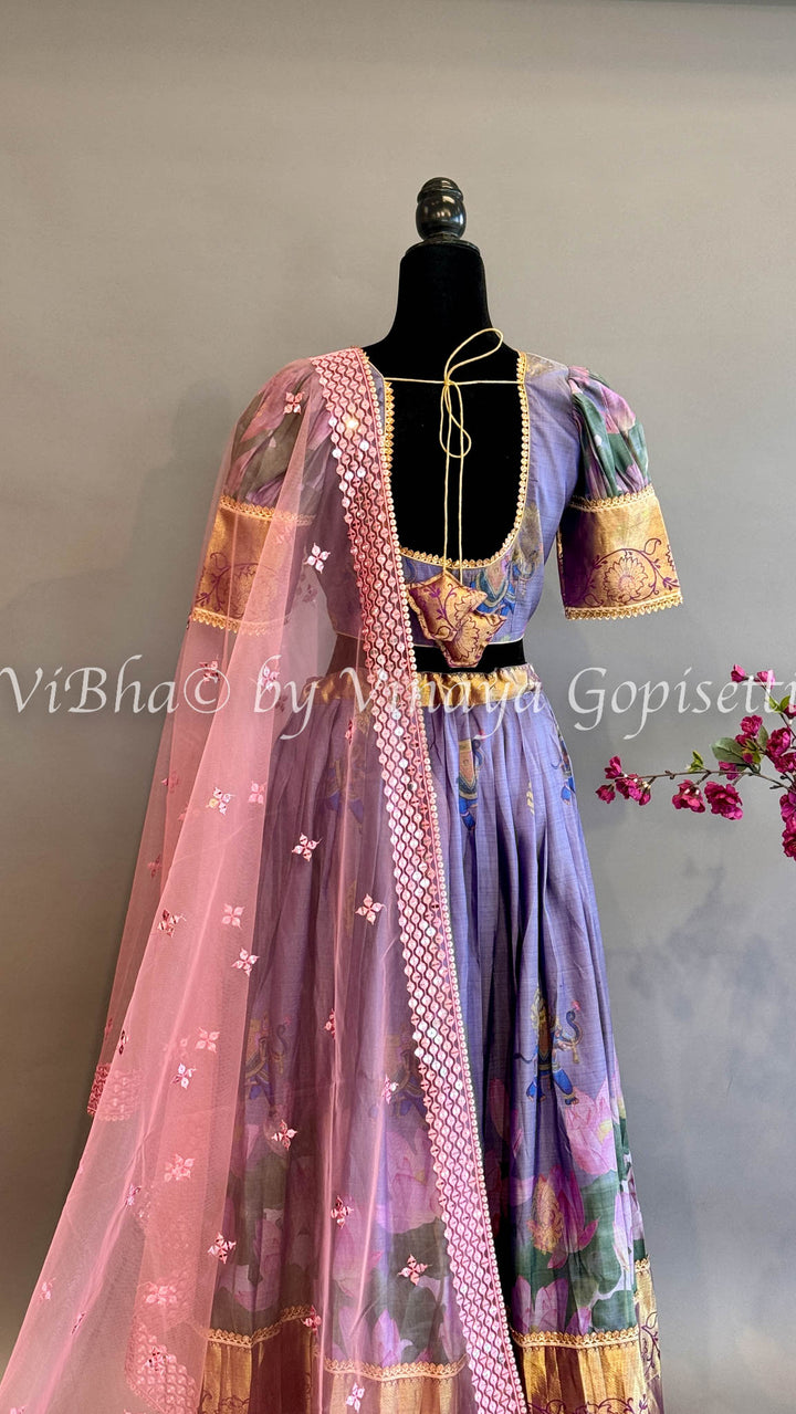 Purple Floral Kanchi Silk Lehenga With Embroidered Borders And Kanchi Kalamkari Dupatta