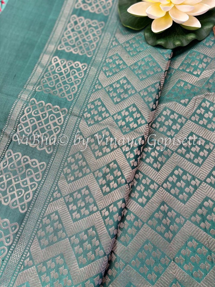 Coral pink and Sea Green kanjivaram soft silk saree and blouse.