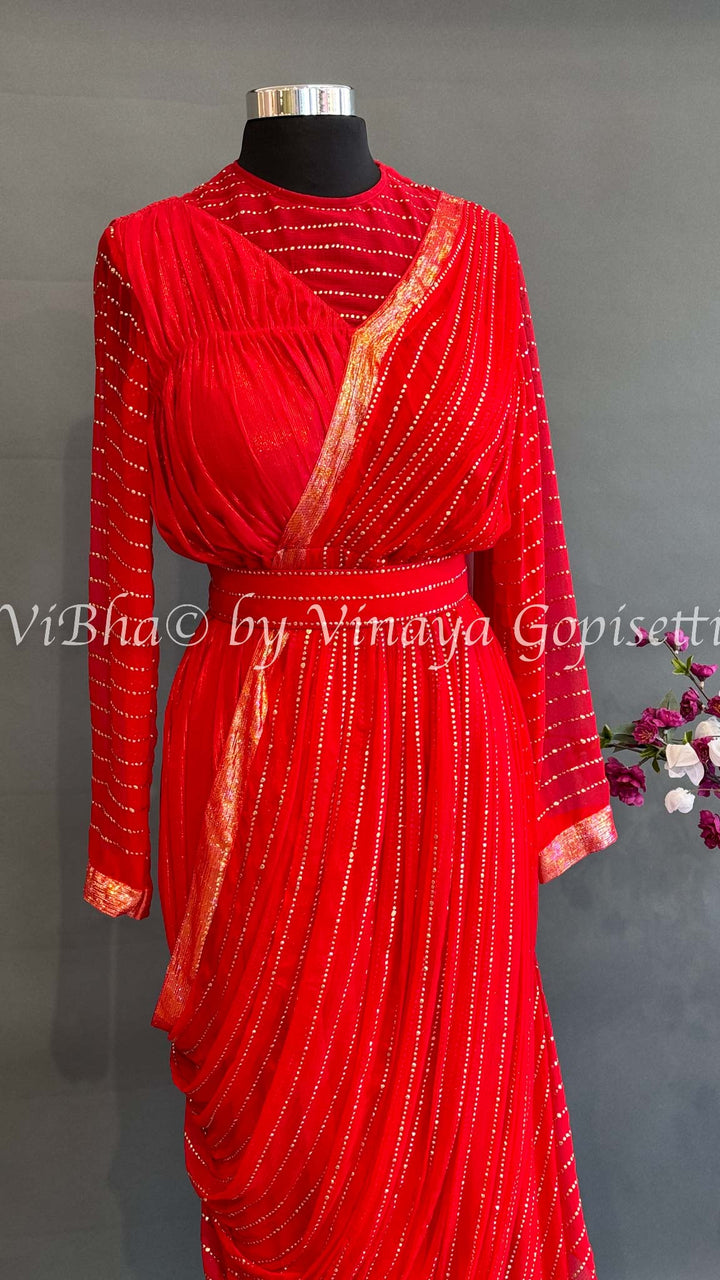 Red Saree Draped Gown