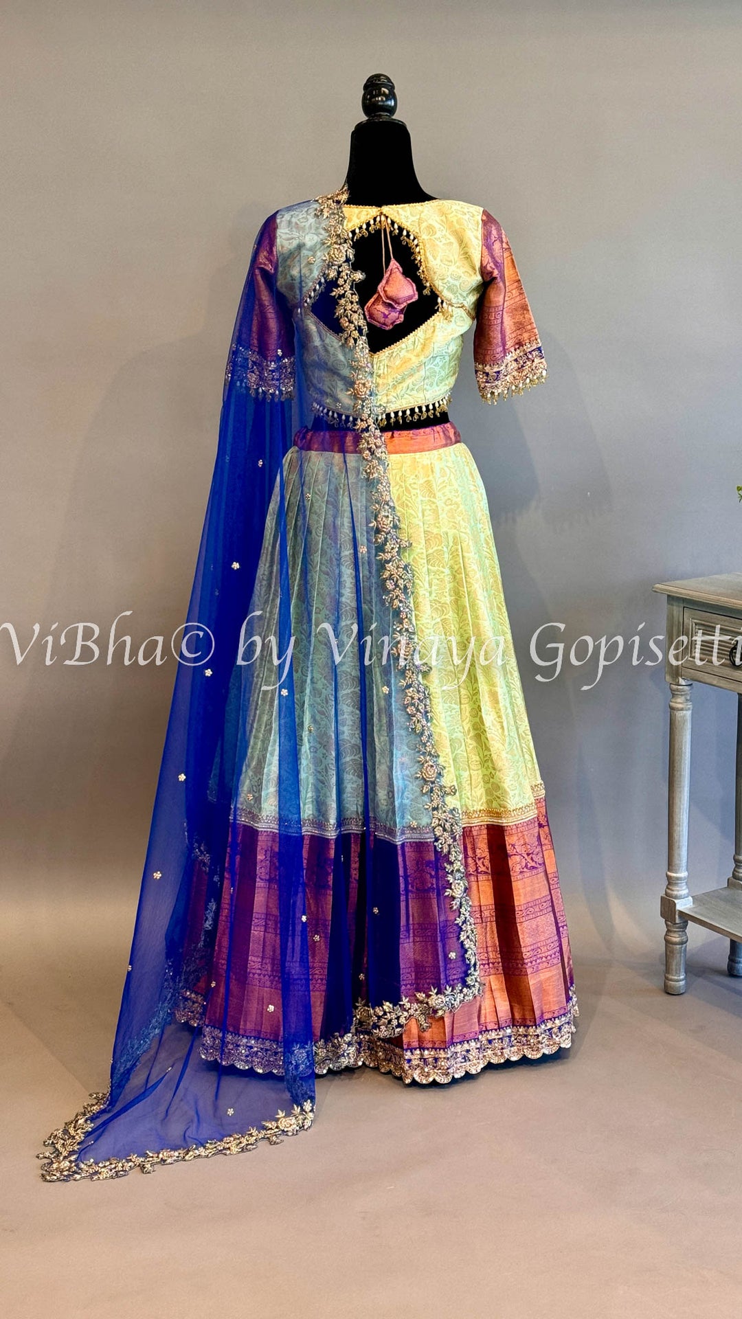 Mint and Purple Kanchi Silk Lehenga With Embroidered Borders And Blue Kanchi Silk Dupatta