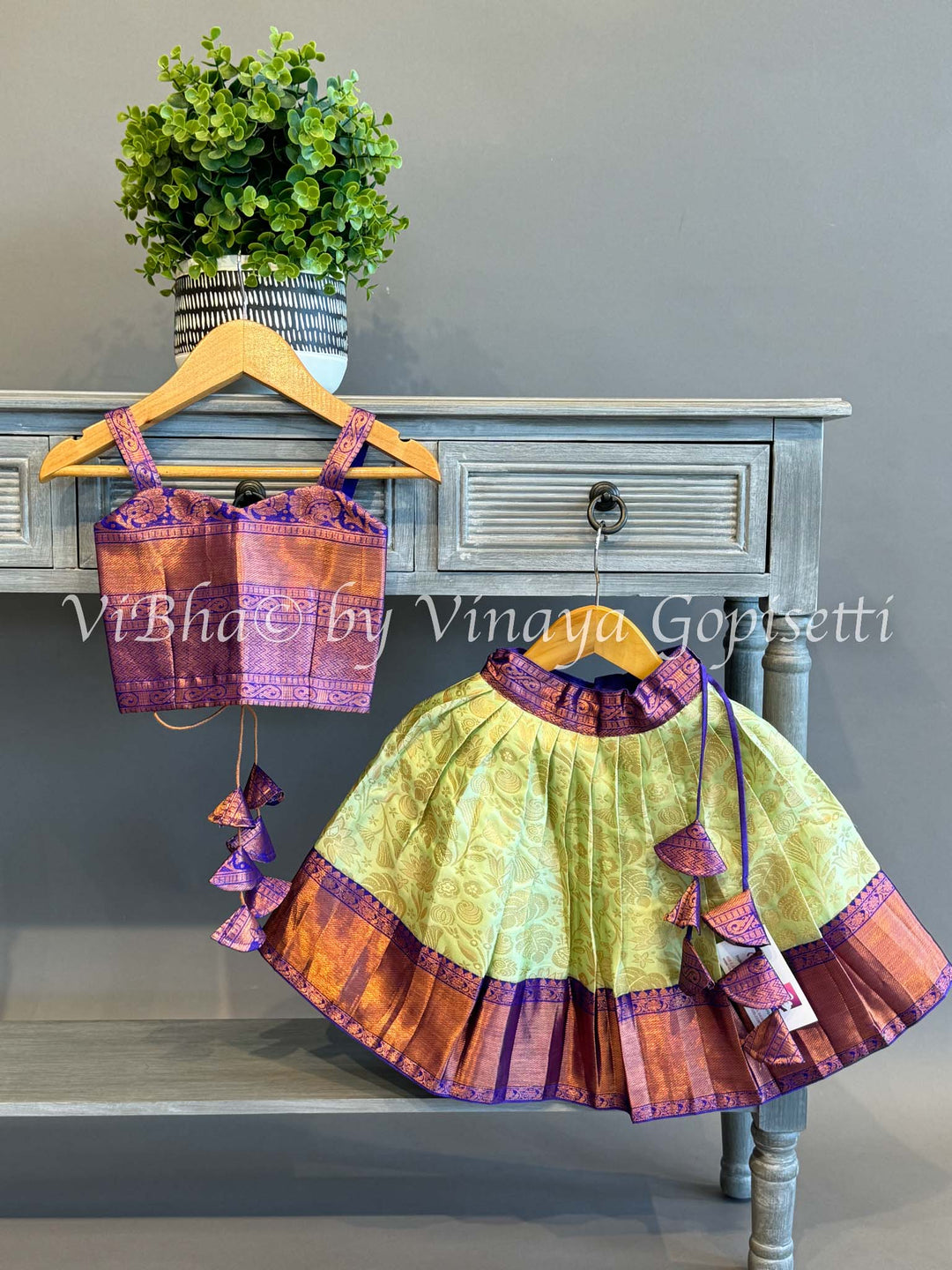 Mint and Purple Kanchi Silk Skirt And Top