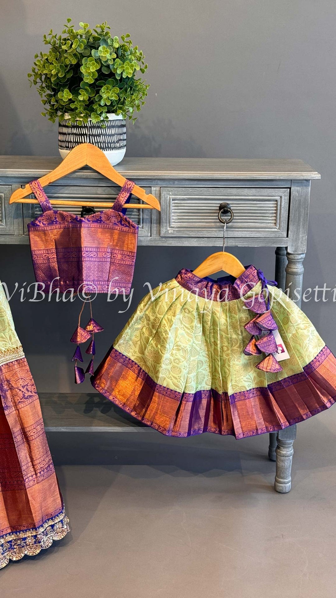 Mom And Daughter Mint and Purple Kanchi Silk Lehanga Set
