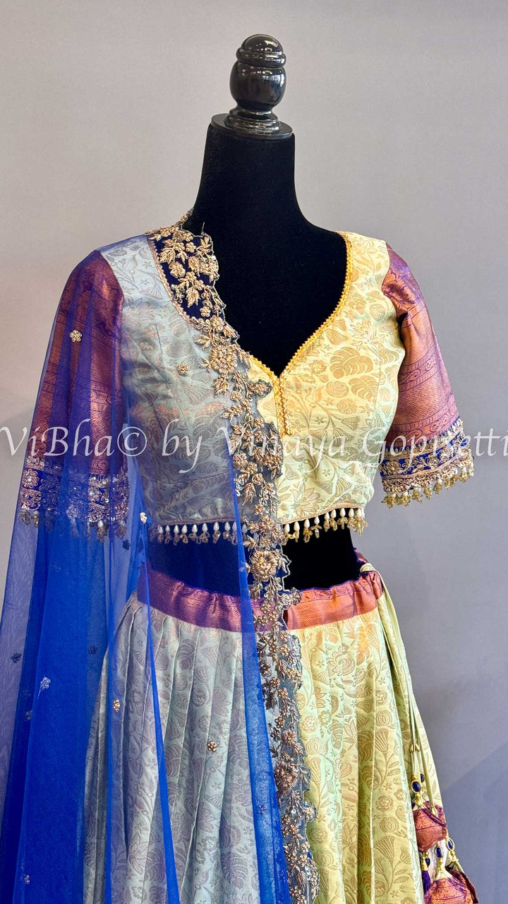 Mint and Purple Kanchi Silk Lehenga With Embroidered Borders And Blue Kanchi Silk Dupatta