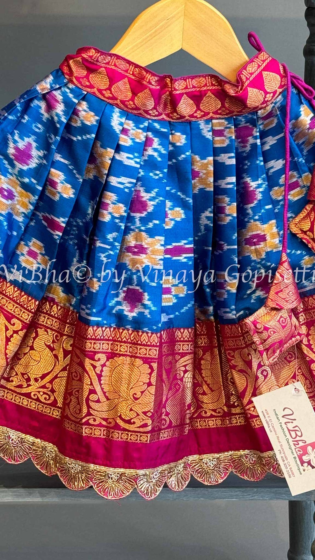 Blue And Pink Kanchi Ikkat Silk Skirt And Top