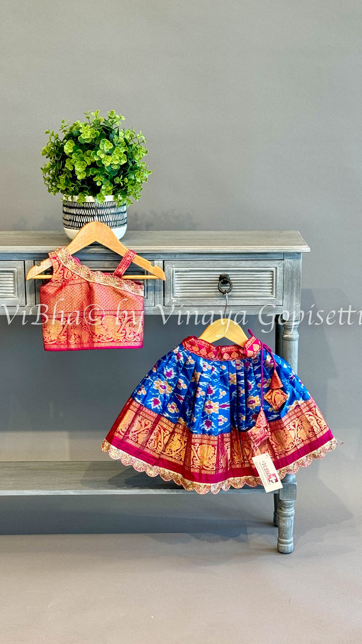 Blue And Pink Kanchi Ikkat Silk Skirt And Top