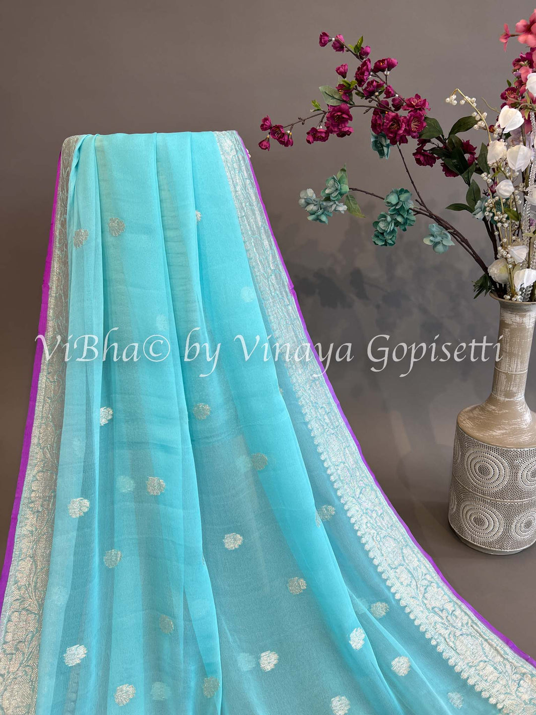 Sky blue and Purple Banarasi Chiffon Silk Saree and Blouse.