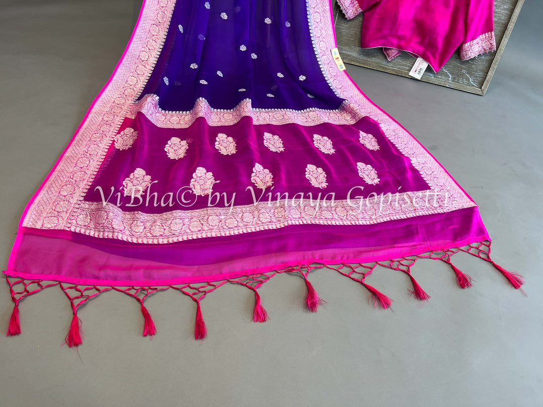 Violet and Pink Banarasi Chiffon Saree and Blouse.
