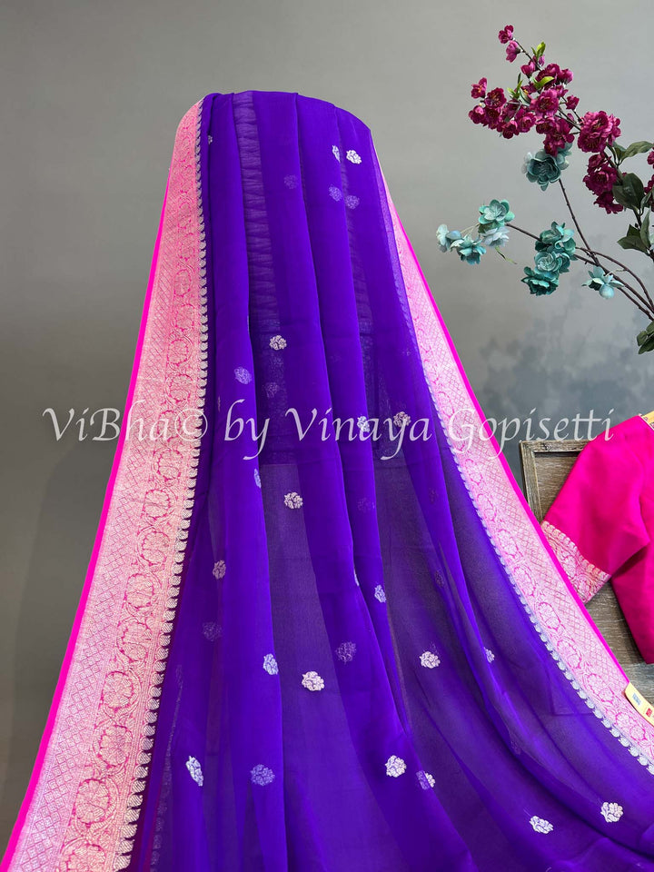 Violet and Pink Banarasi Chiffon Saree and Blouse.