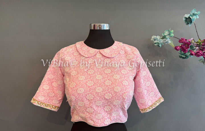 Light Pink Peter Pan Collared Blouse With Embroidered Hemlines