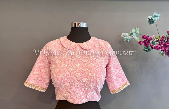 Light Pink Peter Pan Collared Blouse With Embroidered Hemlines