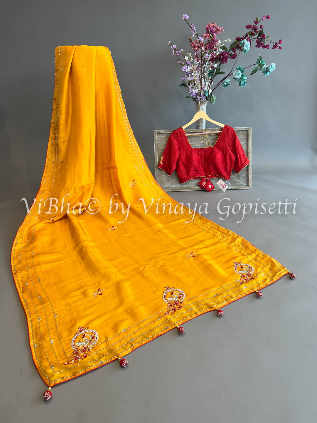 Yellowish Orange & Dark Red Chinoori Silk Saree