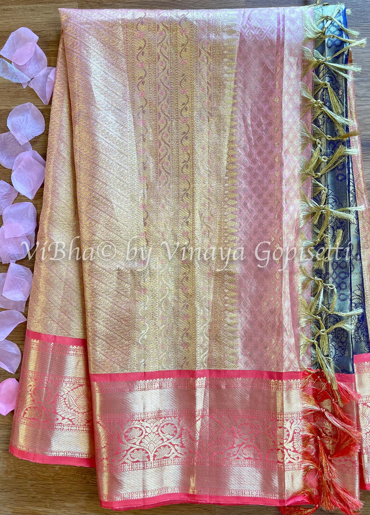Blue and peach pink tissue kanchi silk saree and blouse.
