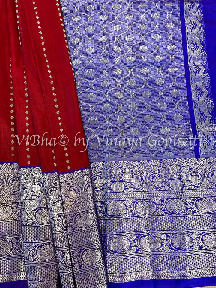 Dark Maroon & Royal Blue Venkatagiri Silk Saree and Blouse.