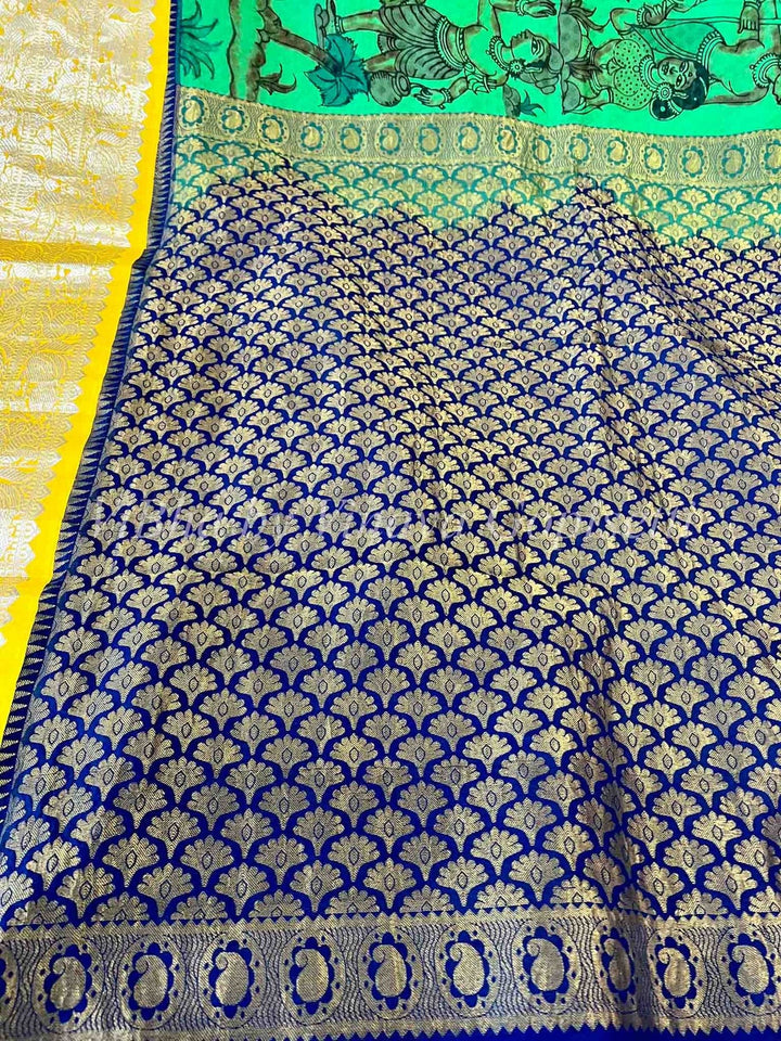 Green, Blue and Yellow Border Pen Kalamkari Kanchi Silk Saree and Blouse.