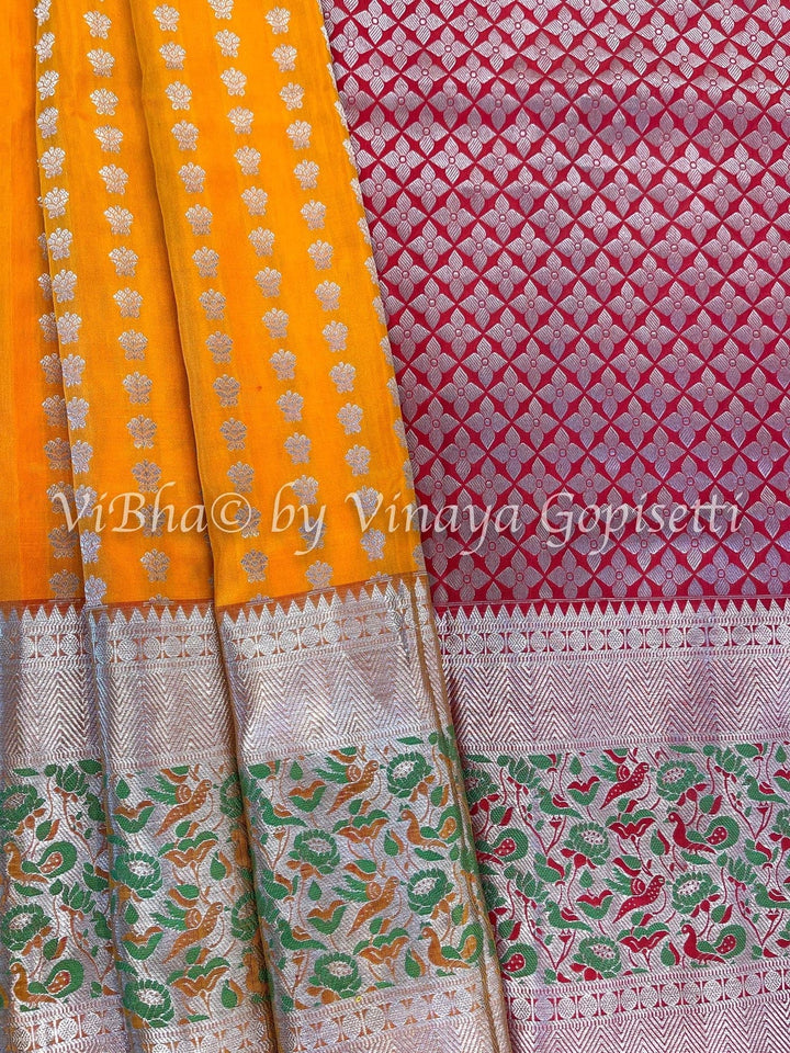 Orangish Yellow & Red Venkatagiri Silk Saree and Blouse.