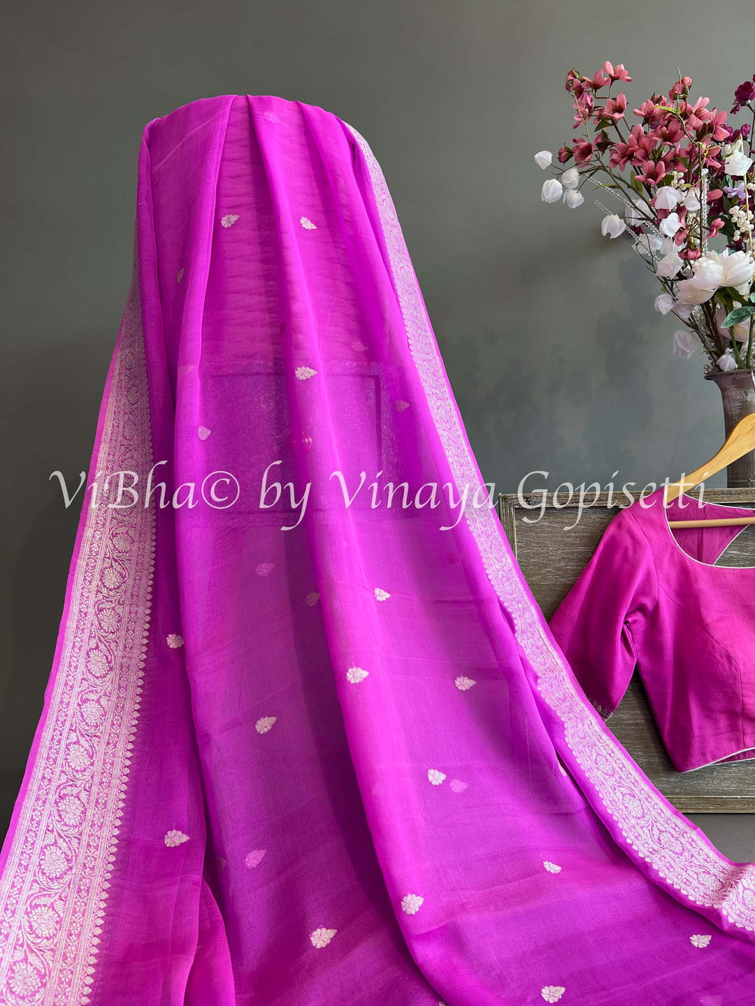 Pink Banarasi Chiffon Saree and Blouse.