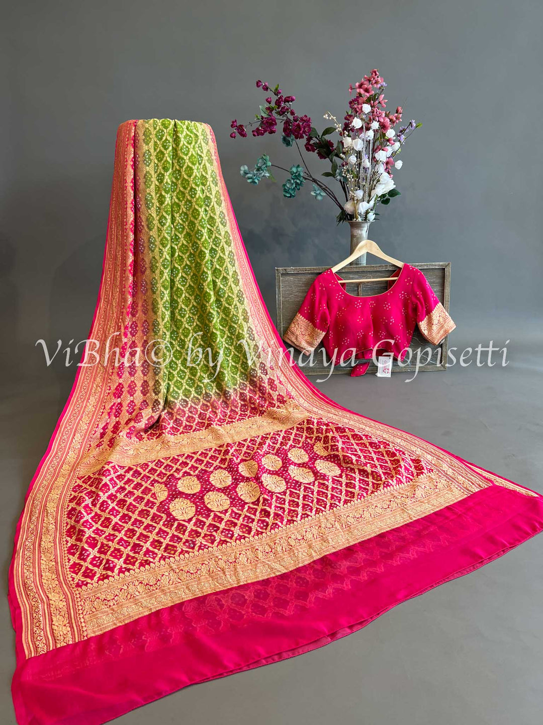 Green and Light Pink Bandhani Georgette Saree and Blouse.
