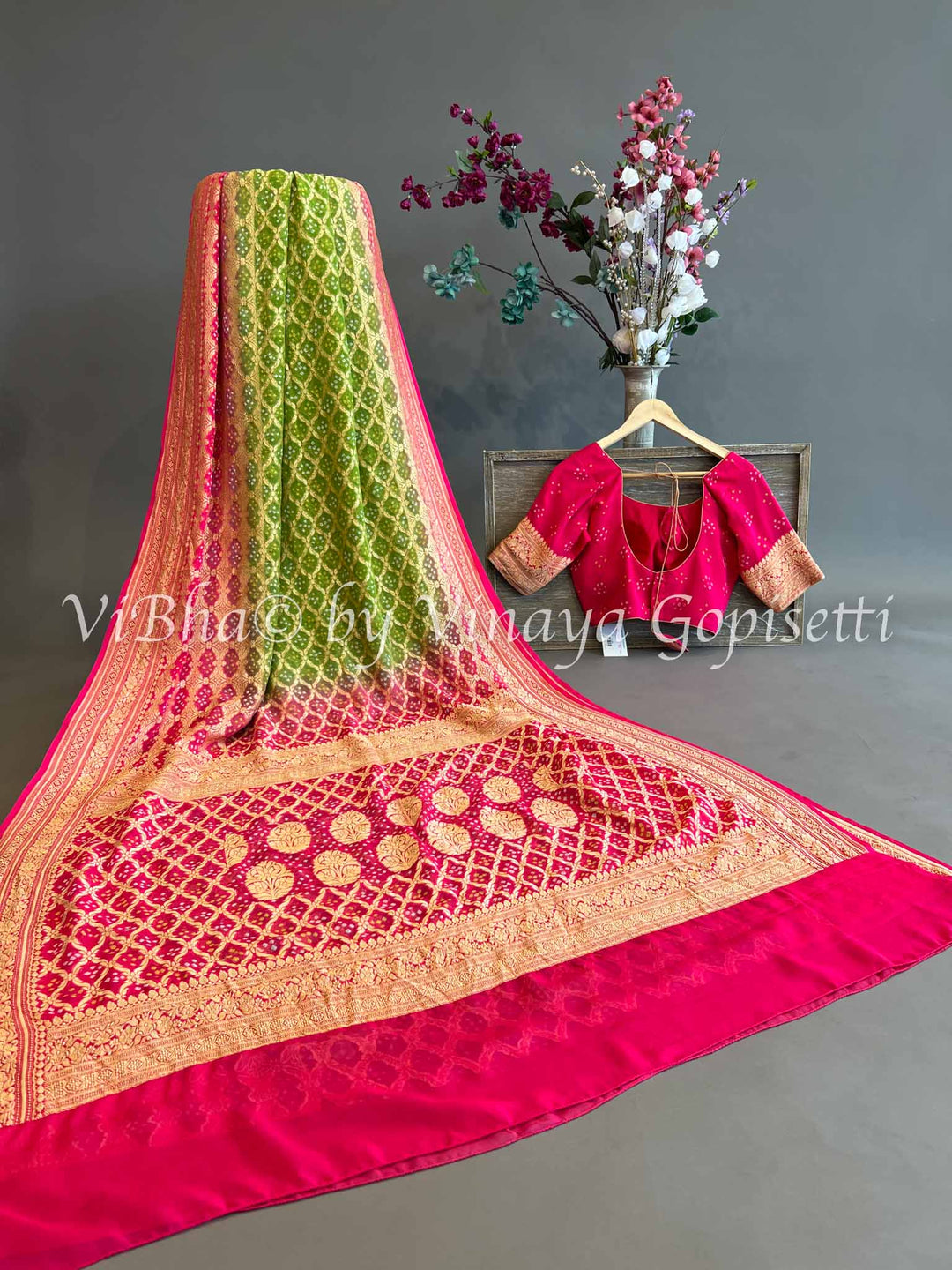 Green and Pink Bandhani Georgette Saree and Blouse.