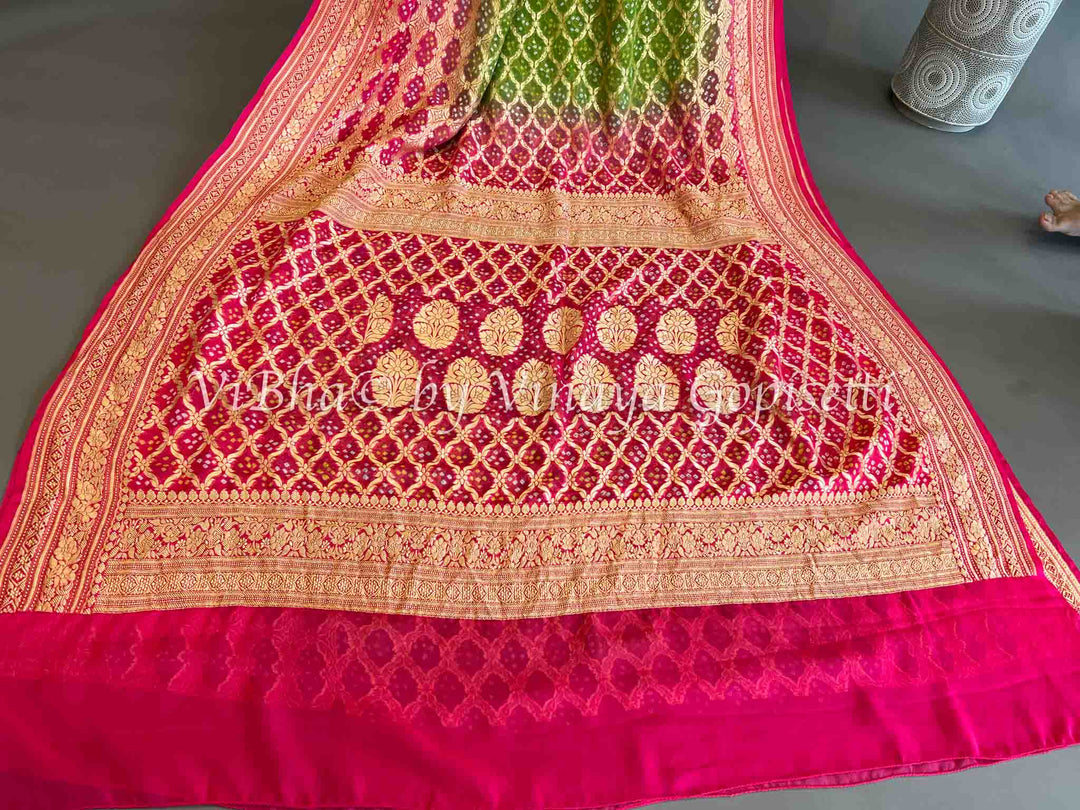 Green and Light Pink Bandhani Georgette Saree and Blouse.