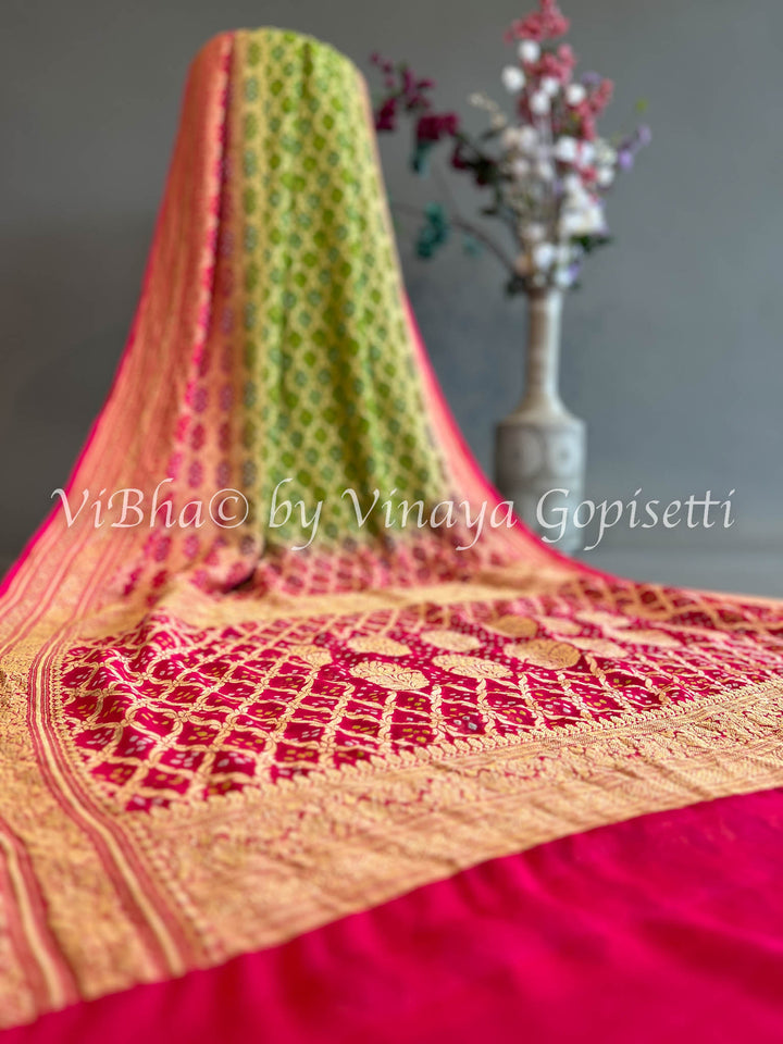 Green and Pink Bandhani Georgette Saree and Blouse.