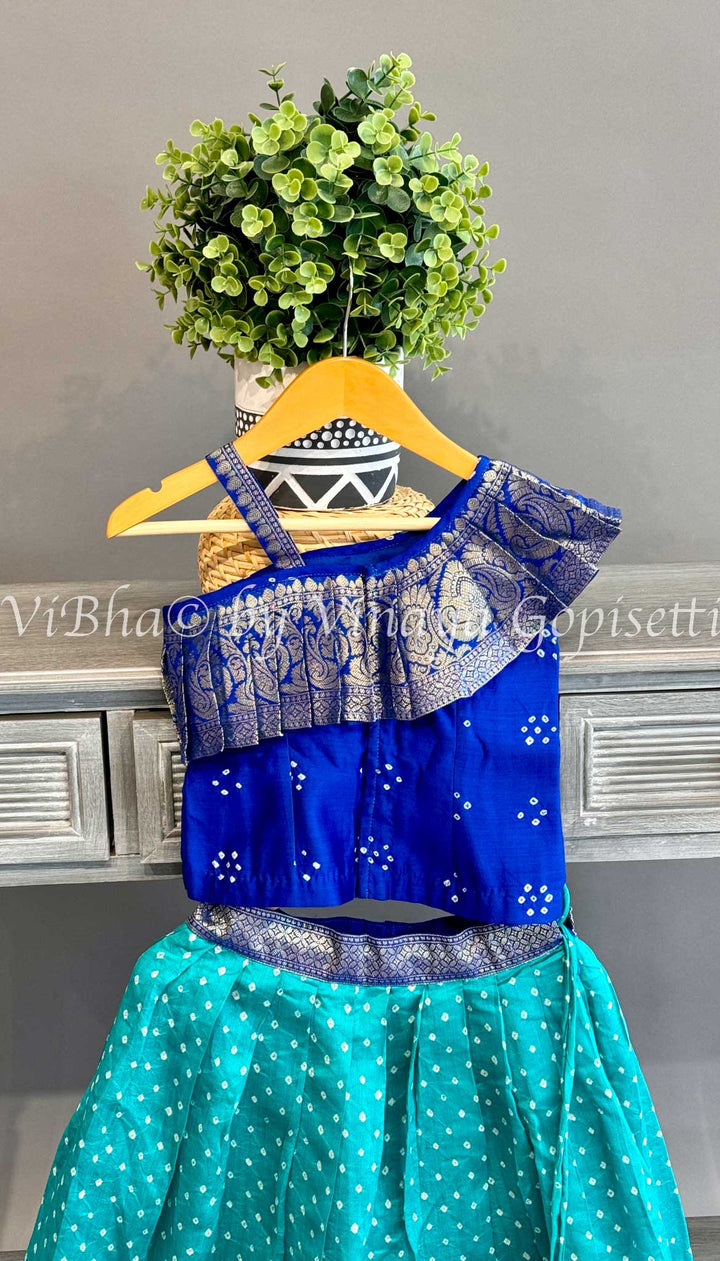 Turquoise And Blue Bandhani Kanchi Silk Skirt and Top