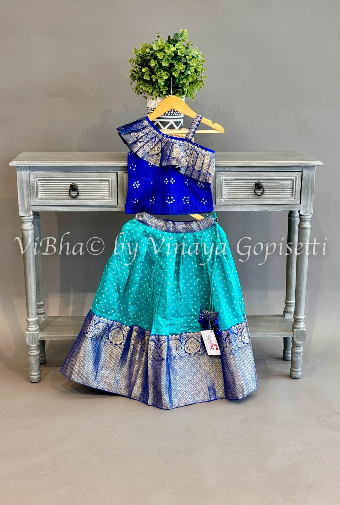 Turquoise And Blue Bandhani Kanchi Silk Skirt and Top