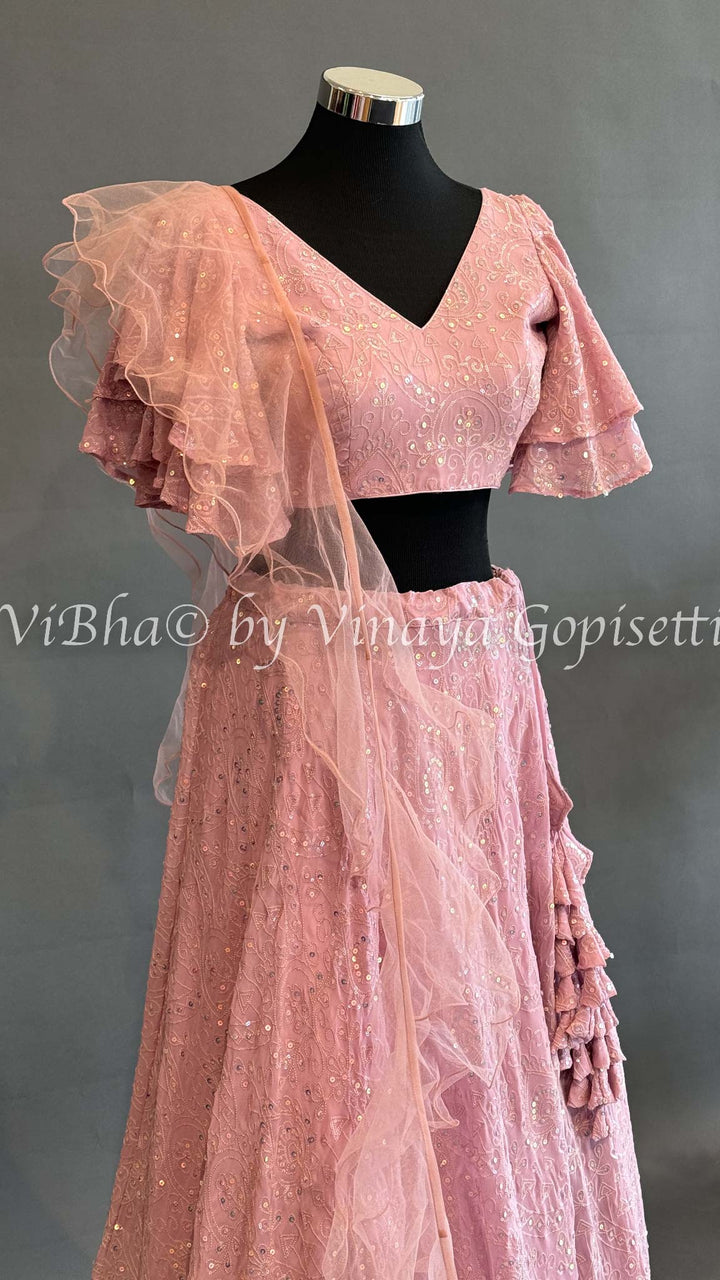Pastel Pink Georgette Embroidered Lehenga Set