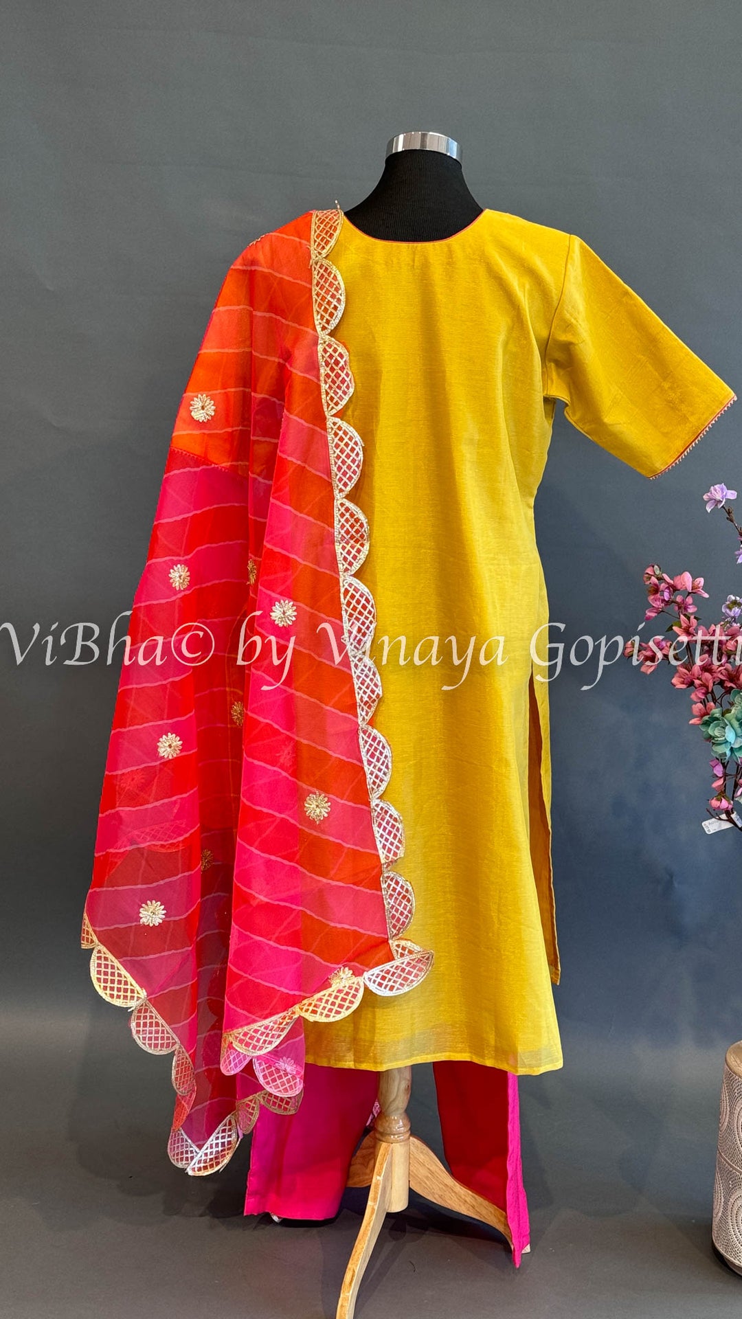 Yellow and Pink Embroidered Salwar Set
