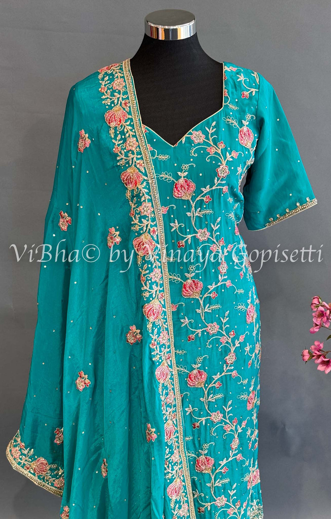 Turquoise Embroidered Palazzo Set