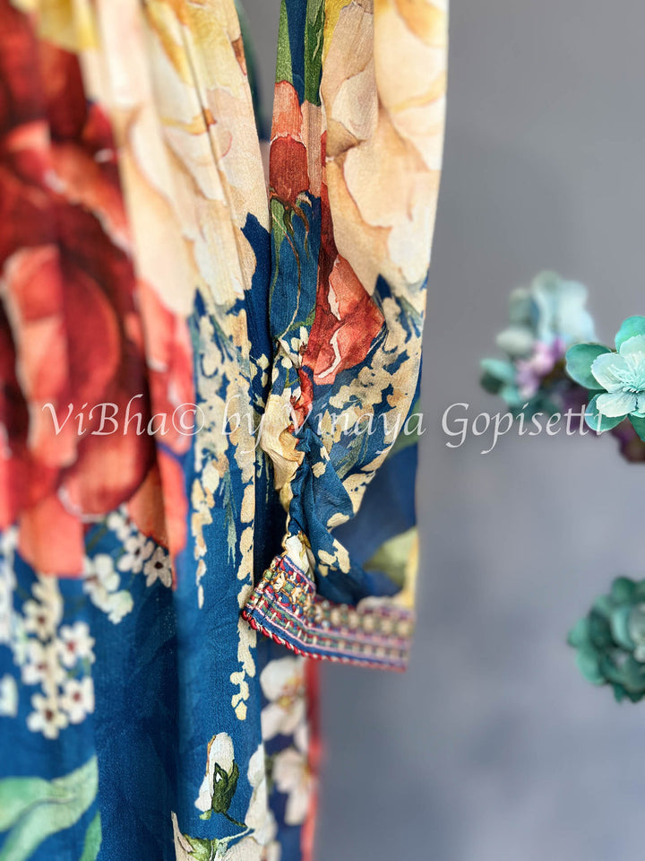 Blue Floral Print Alia Cut Kurta Set