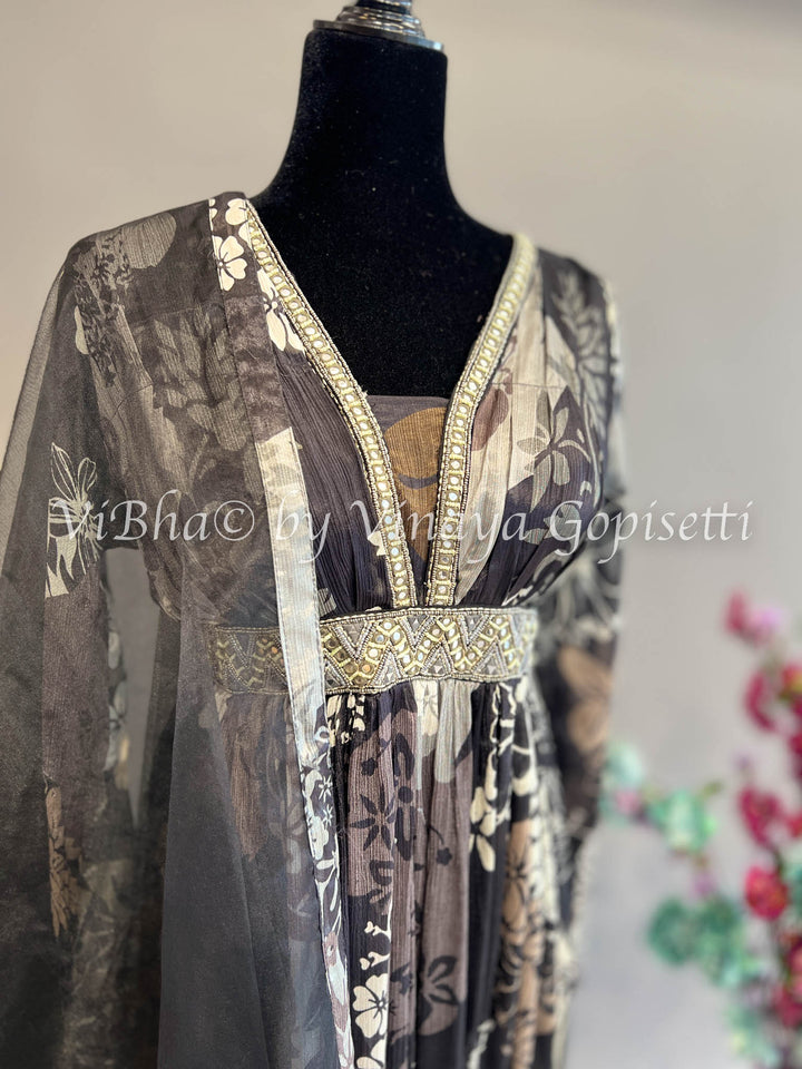 Black Floral Print Alia Cut Gown With Organza Dupatta