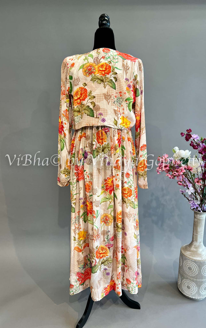 Cream Floral Print Sleeveless Gown WIth Jacket