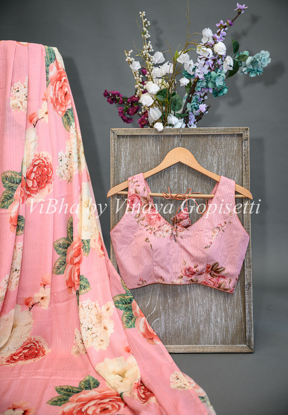 Peach Floral Saree With One Side Ruffle Borders
