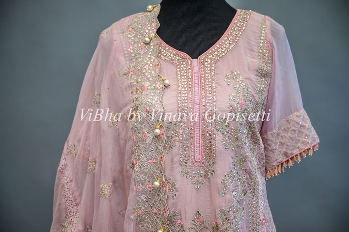 Pastel Pink Palazzo Set Embellished With Elegant Kundan And Zari Embroidery