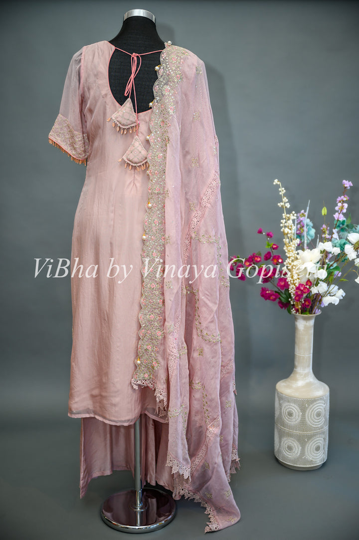 Pastel Pink Palazzo Set Embellished With Elegant Kundan And Zari Embroidery
