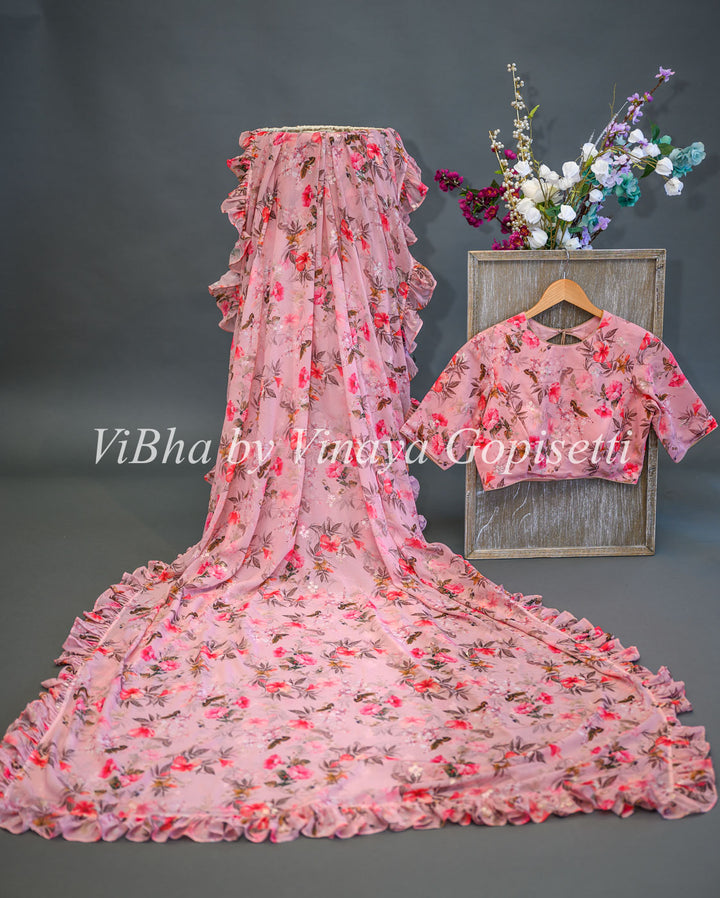 Peach Floral Saree And Blouse With Ruffle Border
