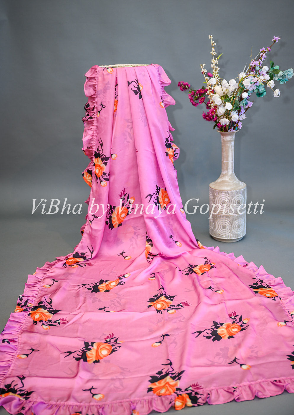 Light Purple Floral Saree With Ruffle Borders And Contrast White Blouse