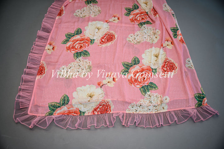 Peach Floral Saree With One Side Ruffle Borders