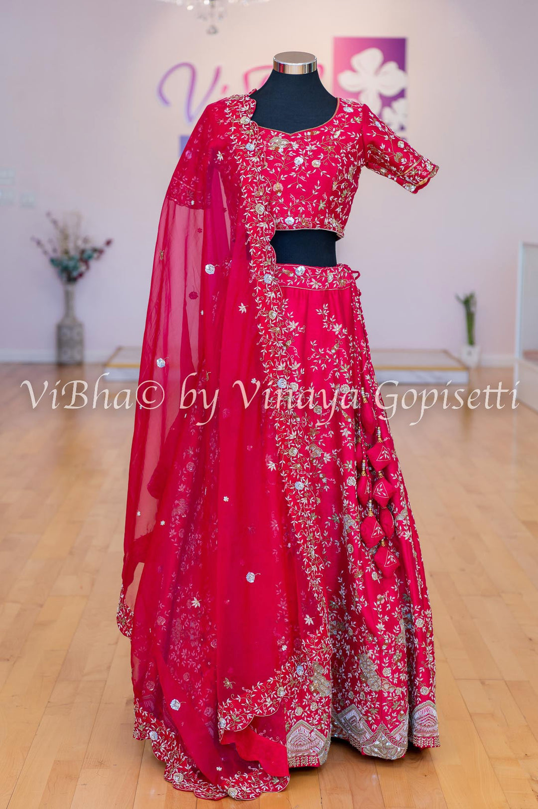 Accessories & Jewelry - Crimson Red Raw Silk Lehenga Blouse With Heavy Zardosi Embroidery And Scalloped Borders And Net Dupatta