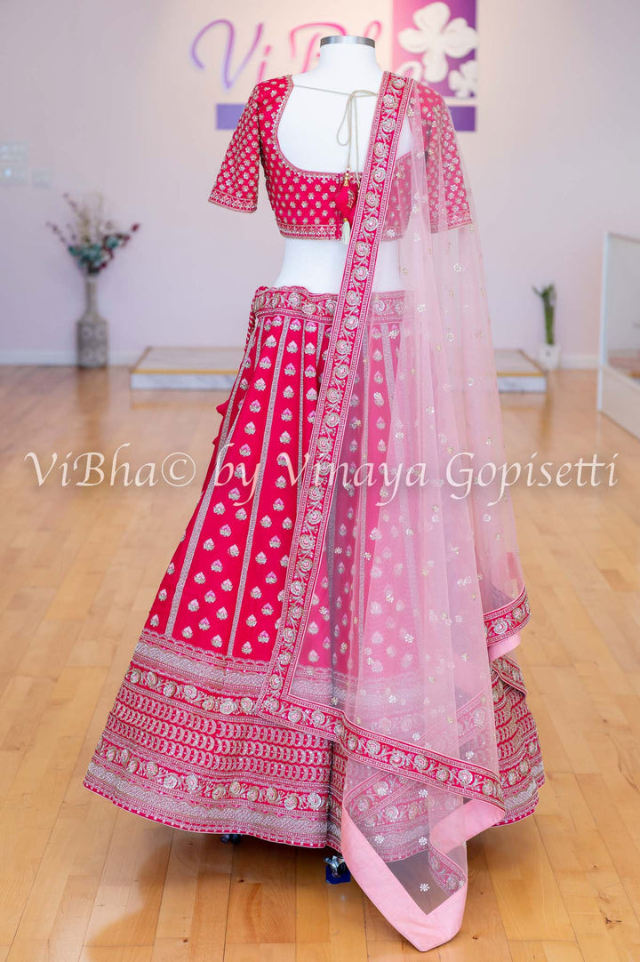Accessories & Jewelry - Dark Pink Raw Silk Lehenga And Blouse With Heavy Resham Zari Cutdana Embroidery In Kalis And Net Dupatta