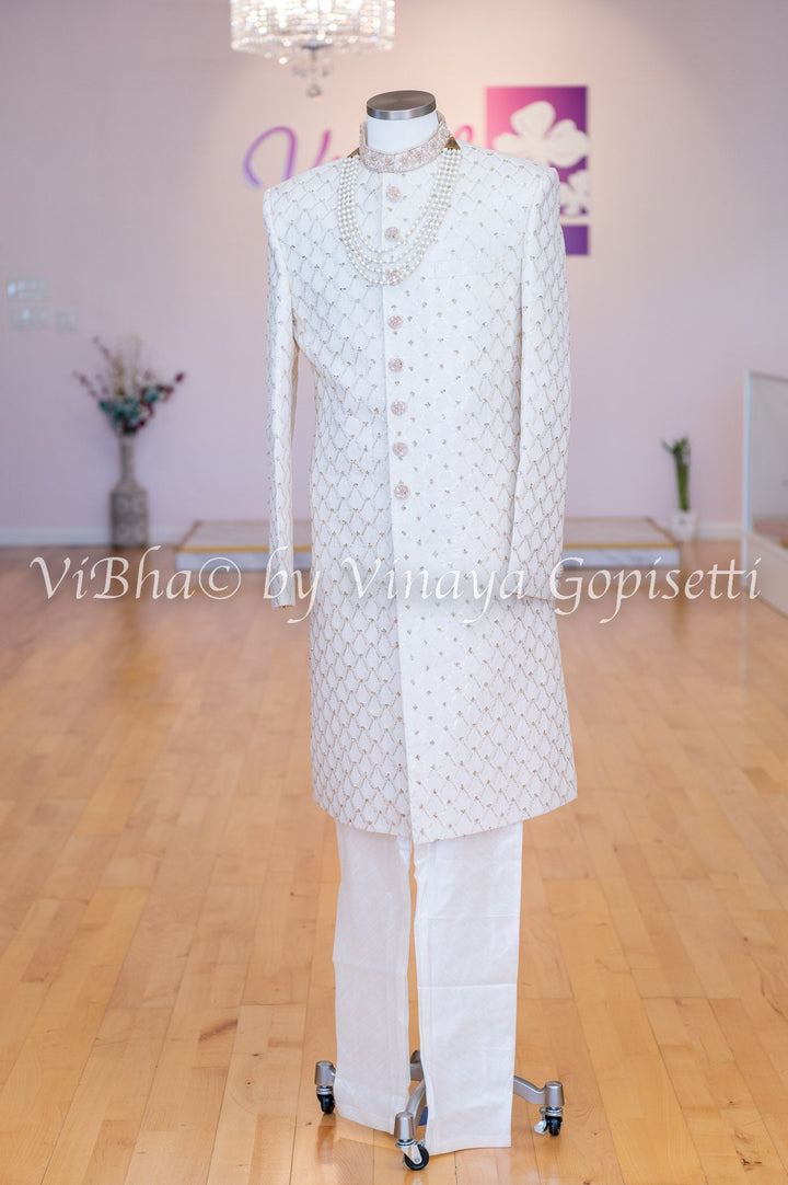 Accessories & Jewelry - Ivory Sherwani Set With Hand Embroidery.