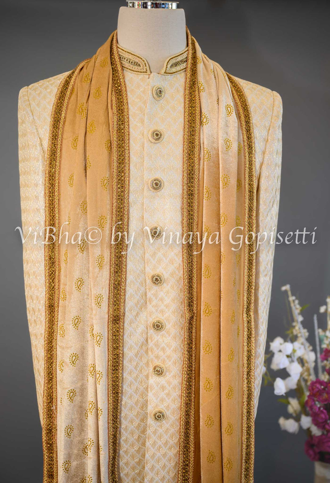 Accessories & Jewelry - Marzipan Beige Embroidered Silk Sherwani Set