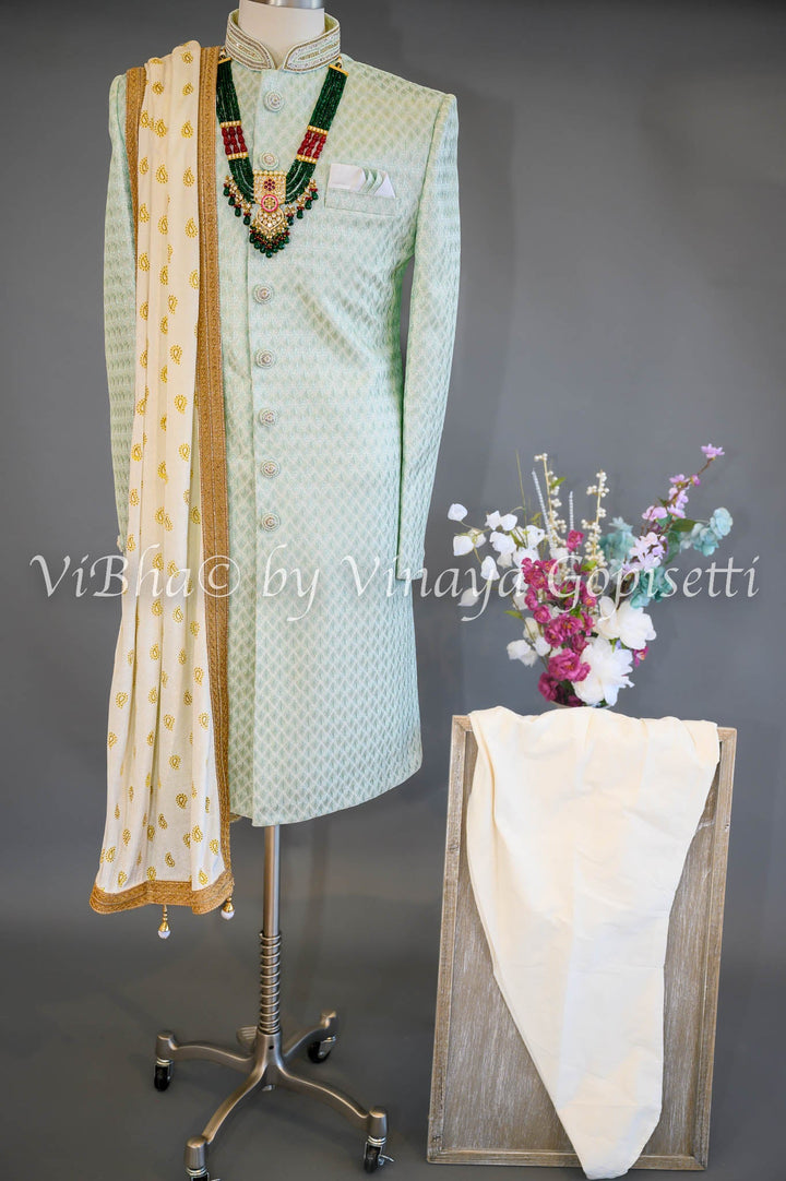 Accessories & Jewelry - Misty Jade Embroidered Silk Sherwani Set