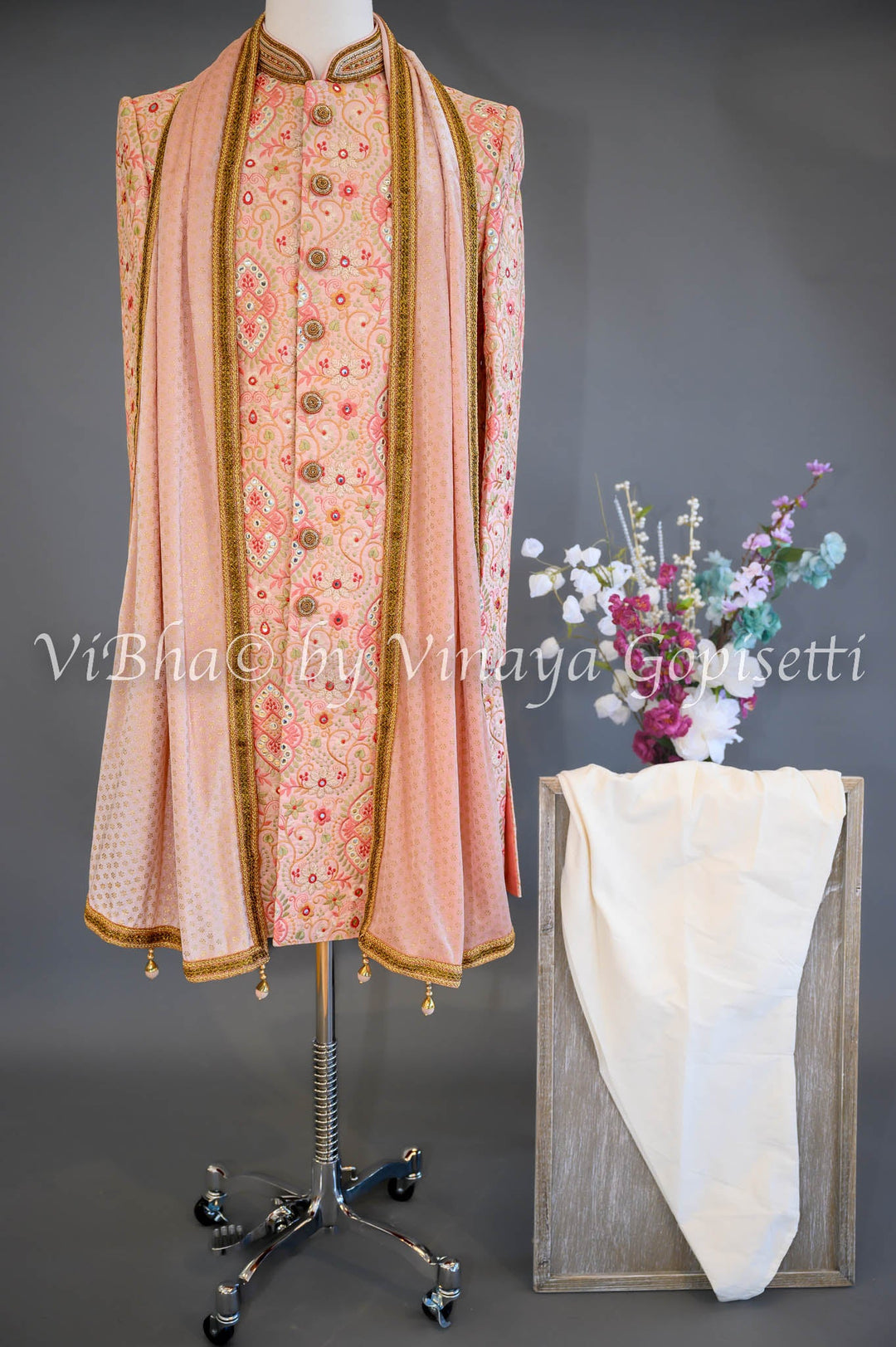 Accessories & Jewelry - Peach Base With Multicolor Thread And Mirror Work Embroidery Sherwani Set
