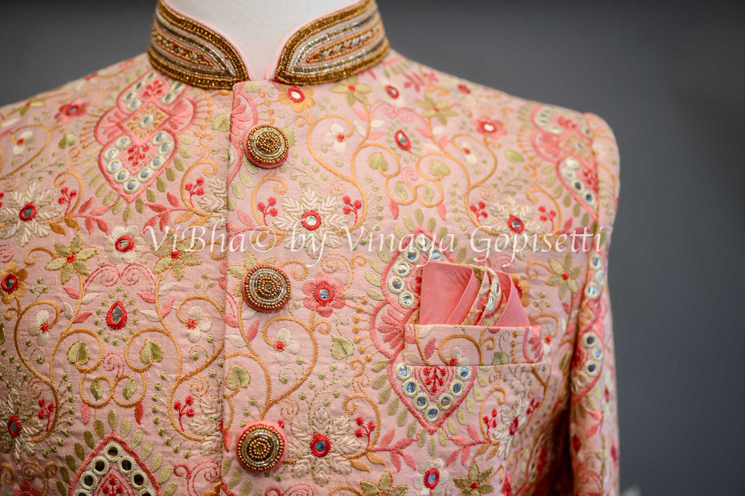 Accessories & Jewelry - Peach Base With Multicolor Thread And Mirror Work Embroidery Sherwani Set