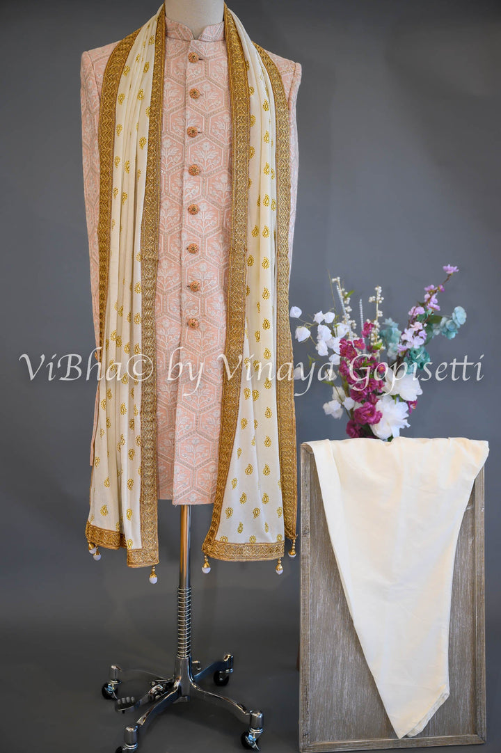Accessories & Jewelry - Pristine Peach Silk Thread Embroidered Sherwani Set