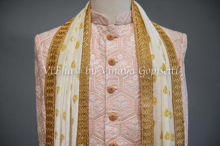 Accessories & Jewelry - Pristine Peach Silk Thread Embroidered Sherwani Set