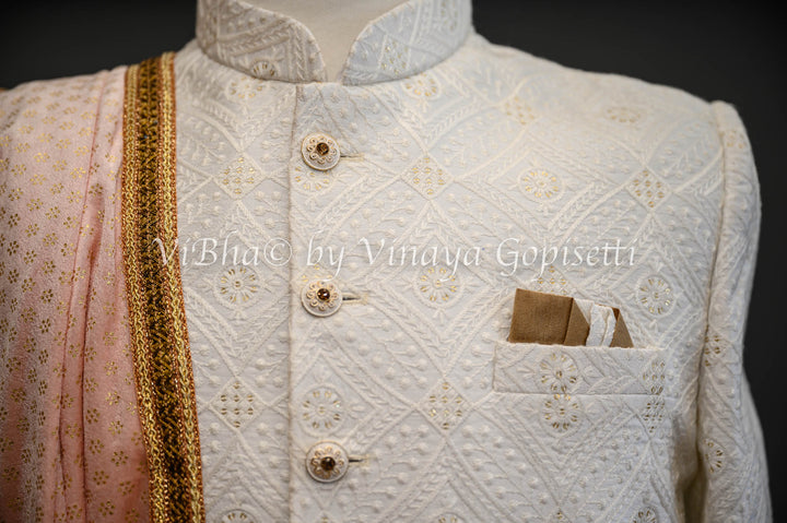 Accessories & Jewelry - Pristine White Silk Thread Embroidered Sherwani Set