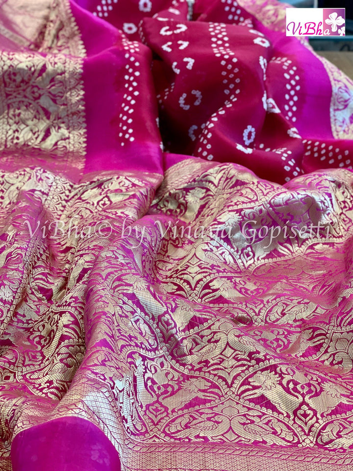 Bandhni Saree - Maroon Red & Pink Kanchi Bandhini Saree
