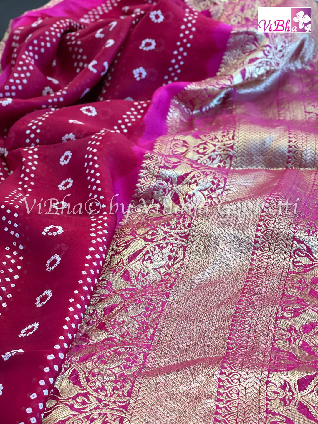 Bandhni Saree - Maroon Red & Pink Kanchi Bandhini Saree